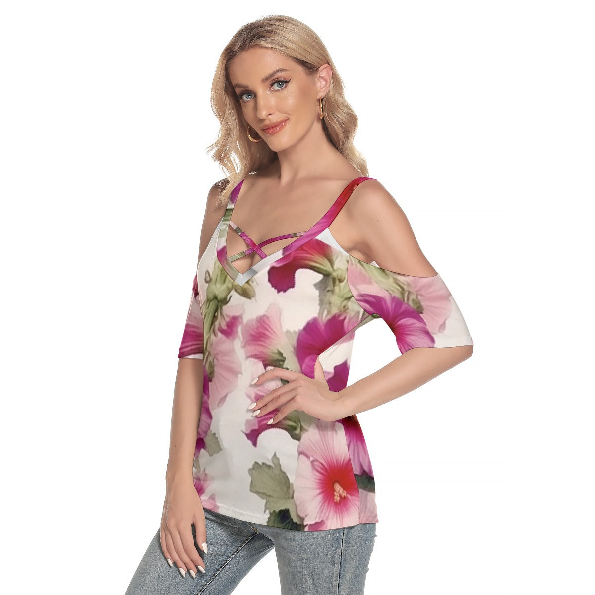 All-Over Print Women's Cold Shoulder T-shirt With Criss Cross Strips