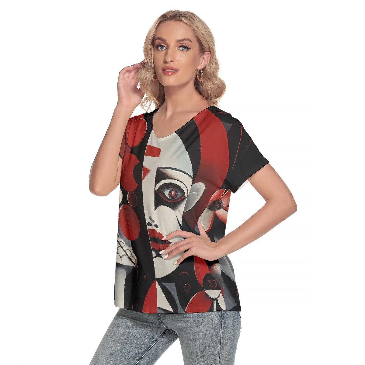 All-Over Print Women's Loose V-neck Short Sleeve T-shirt