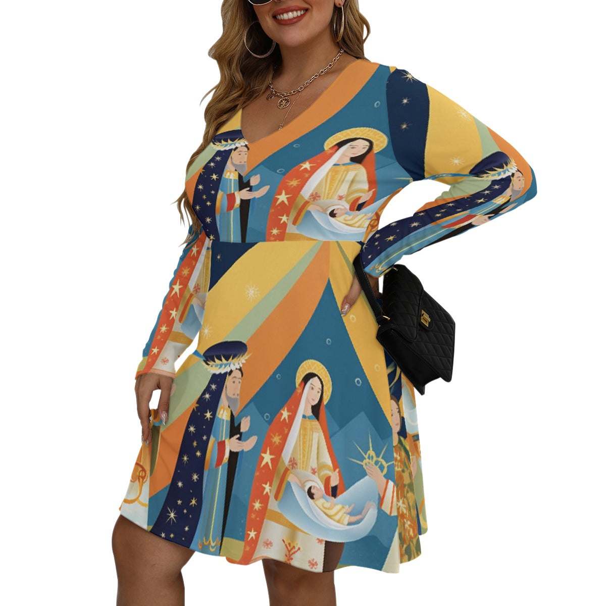 All-Over Print Women's V-neck Long Sleeve Dress(Plus Size)