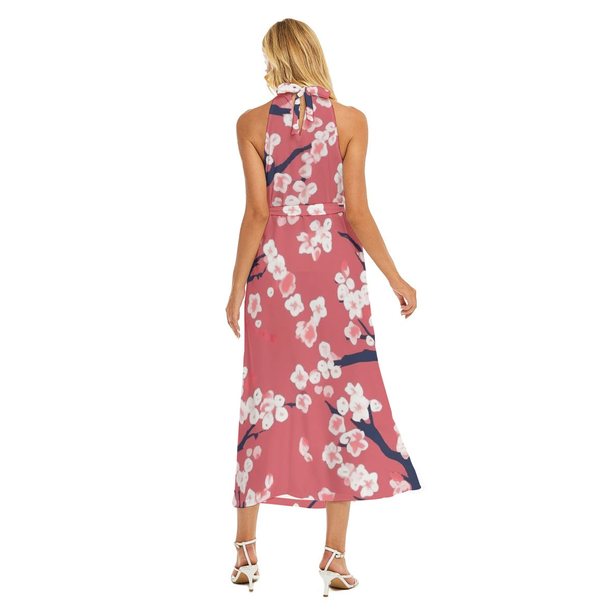 All-Over Print Women's Wrap Hem Belted Halter Dress