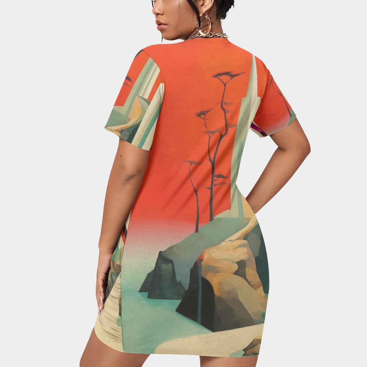 All-Over Print Women’s Stacked Hem Dress With Short Sleeve（Plus Size）