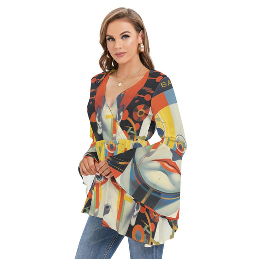 All-Over Print Women's V-neck Blouse With Flared Sleeves