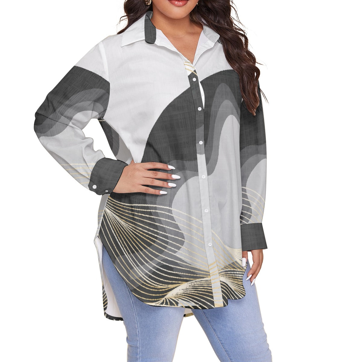 All-Over Print Women's Shirt With Long Sleeve(Plus Size)