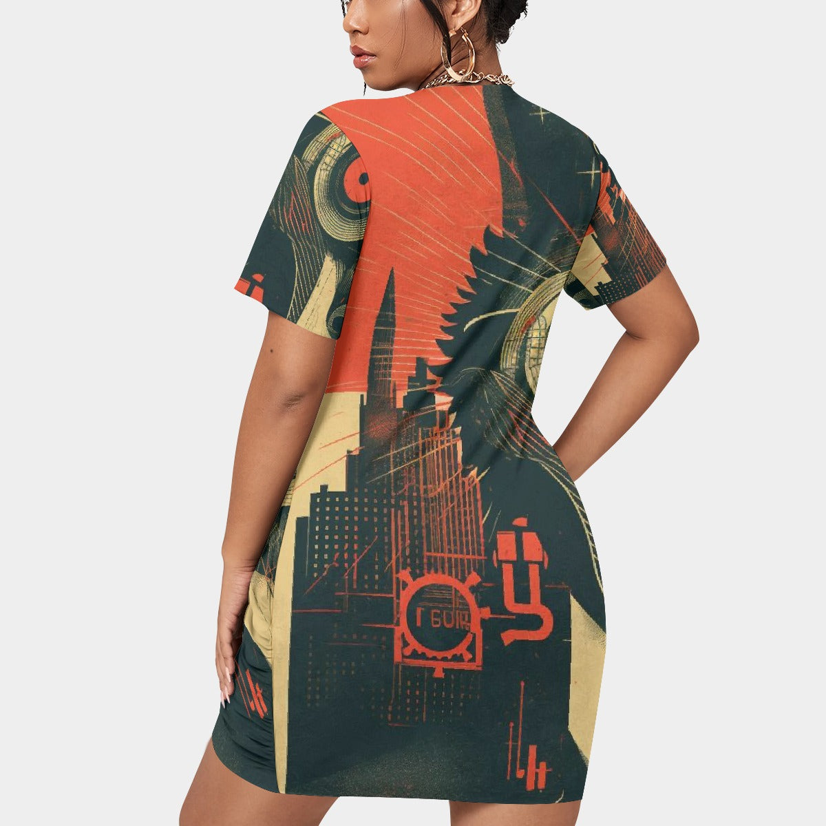 All-Over Print Women’s Stacked Hem Dress With Short Sleeve（Plus Size）