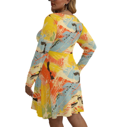 All-Over Print Women's V-neck Long Sleeve Dress(Plus Size)