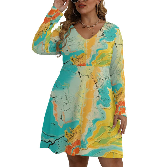 All-Over Print Women's V-neck Long Sleeve Dress(Plus Size)