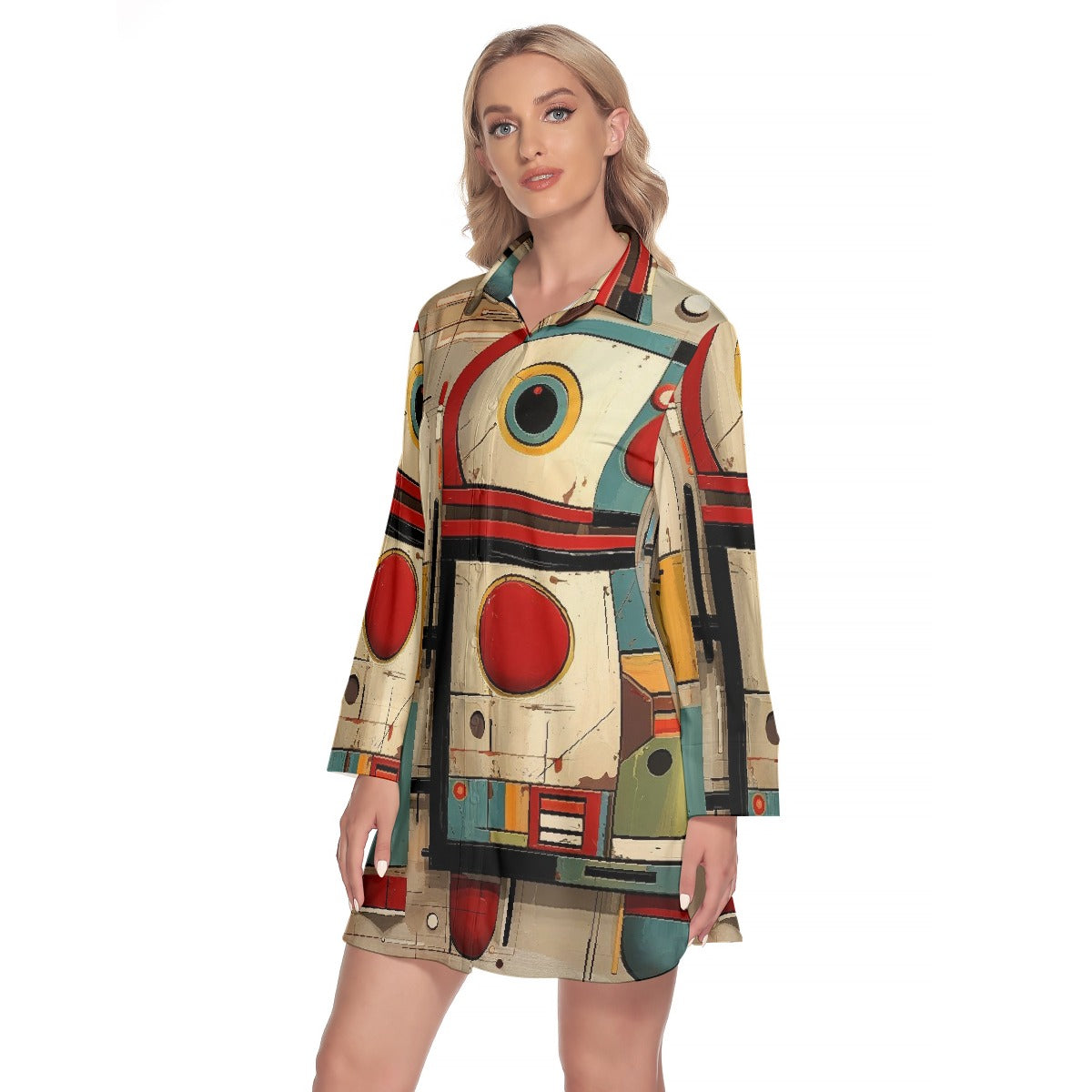 All-Over Print Women's Lapel Shirt Dress With Long Sleeve