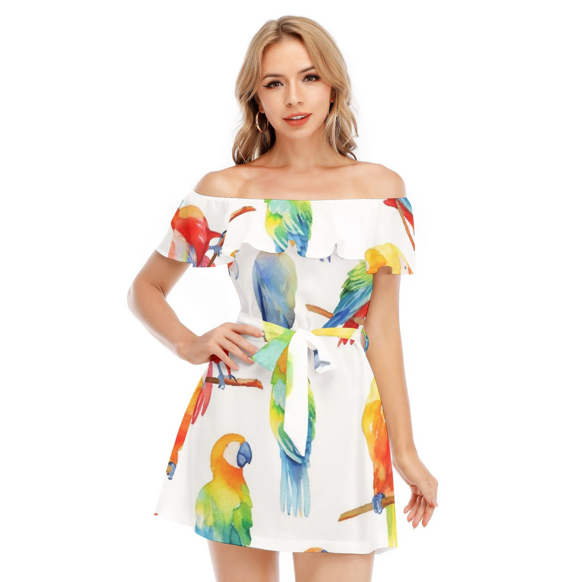 All-Over Print Women's Off-shoulder Dress With Ruffle