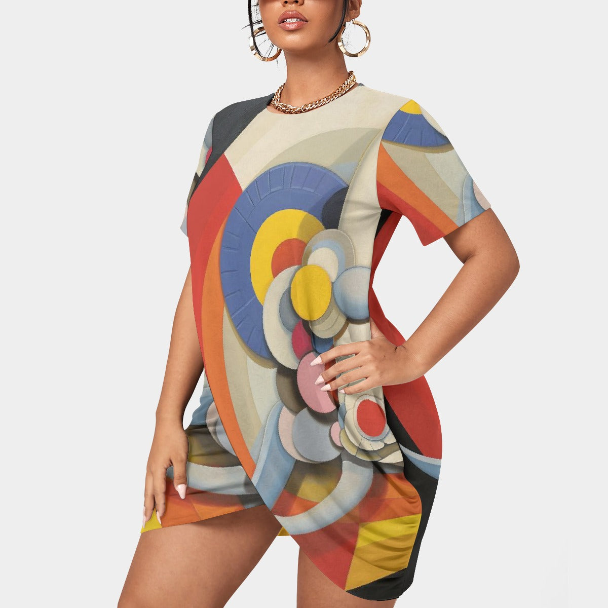 All-Over Print Women’s Stacked Hem Dress With Short Sleeve（Plus Size）