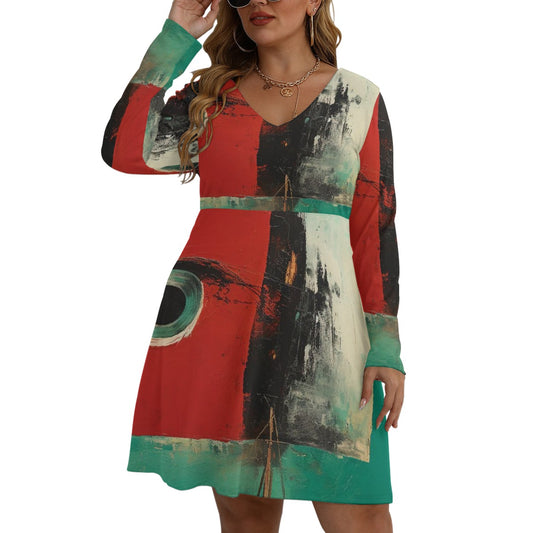 All-Over Print Women's V-neck Long Sleeve Dress(Plus Size)