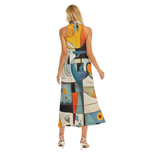 All-Over Print Women's Wrap Hem Belted Halter Dress