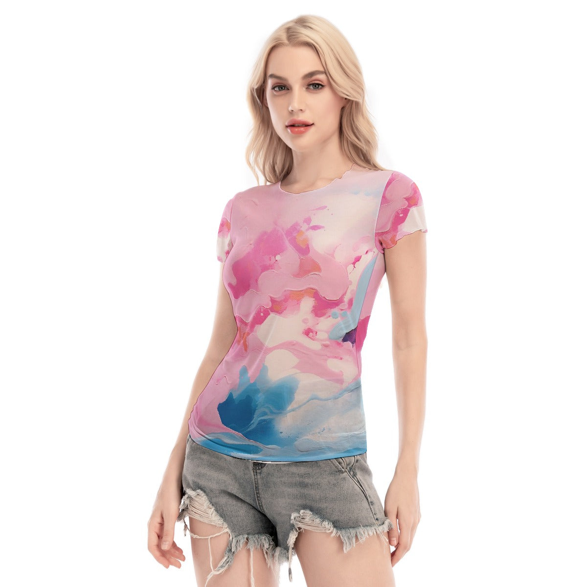 All-Over Print Women's Short Sleeve Mesh Blouse