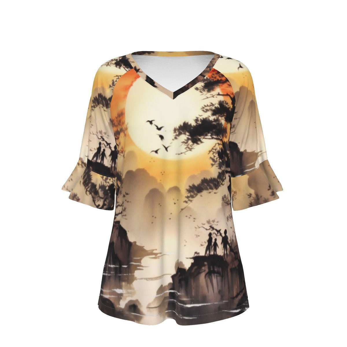 All-Over Print V-neck Women's T-shirt With Bell Sleeve