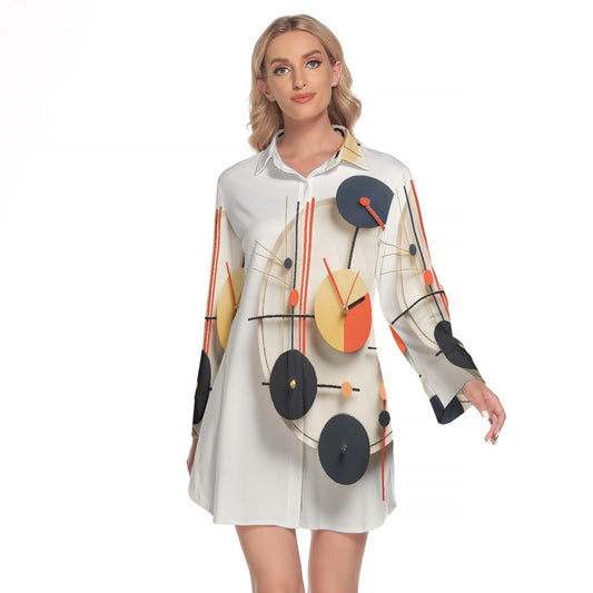 All-Over Print Women's Lapel Shirt Dress With Long Sleeve