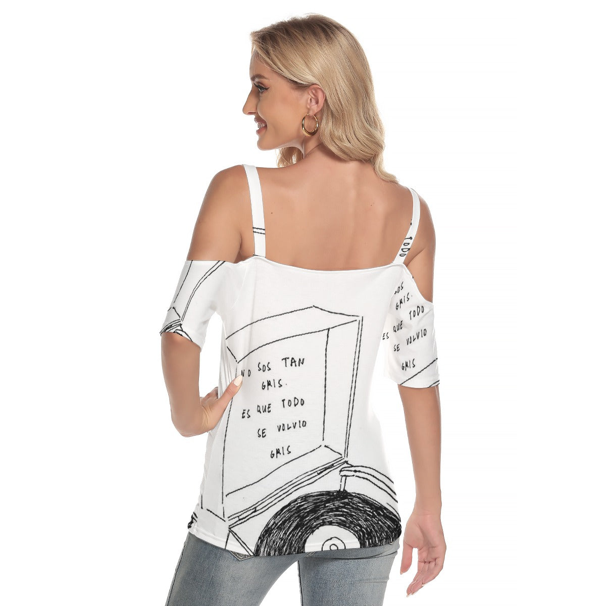 All-Over Print Women's Cold Shoulder T-shirt With Criss Cross Strips