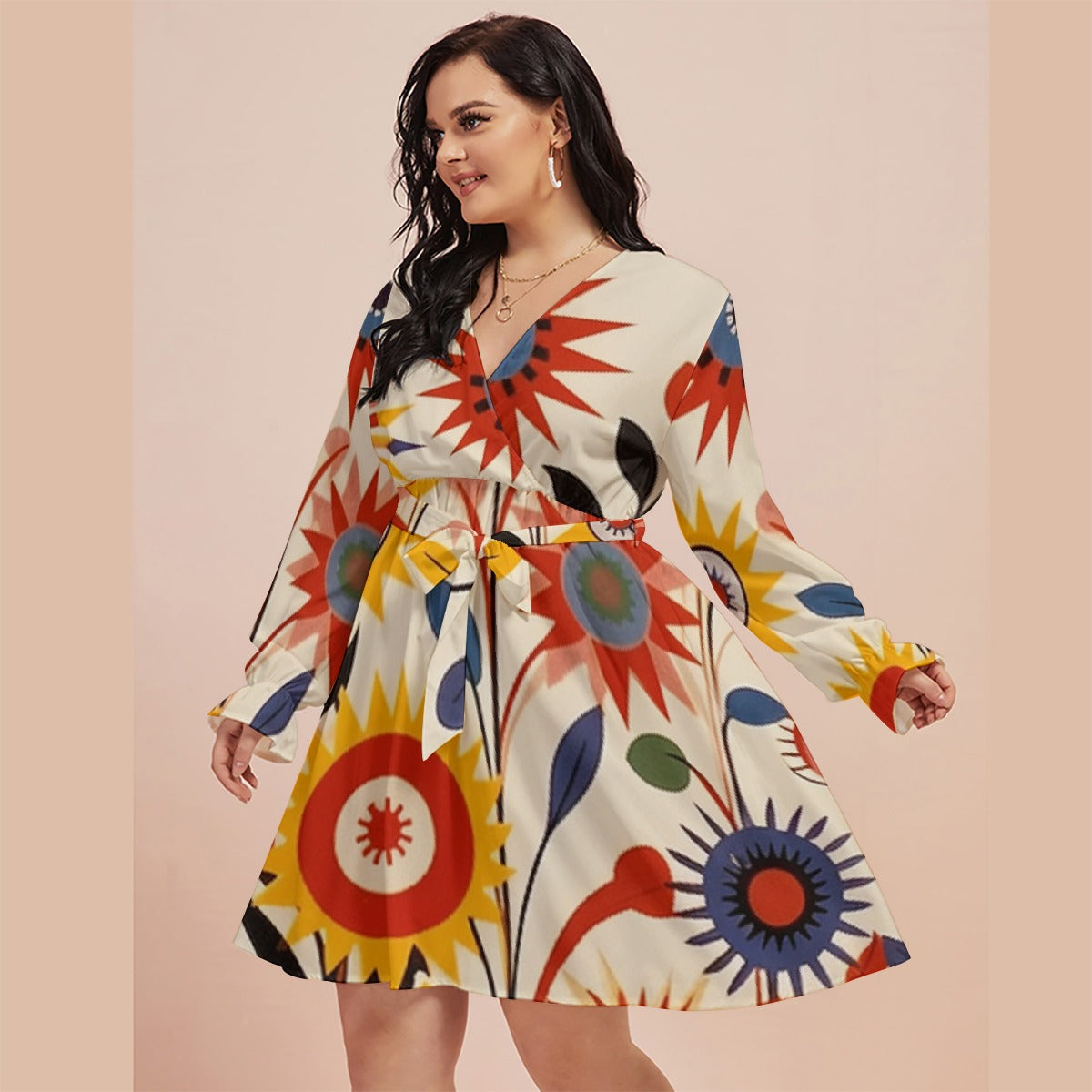 All-Over Print Women's V-neck Dress With Waistband(Plus Size)