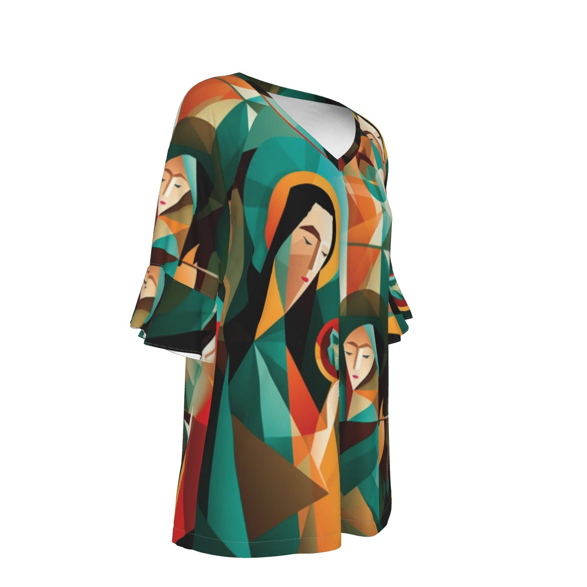 All-Over Print V-neck Women's T-shirt With Bell Sleeve