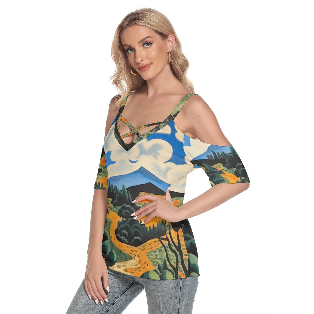 All-Over Print Women's Cold Shoulder T-shirt With Criss Cross Strips