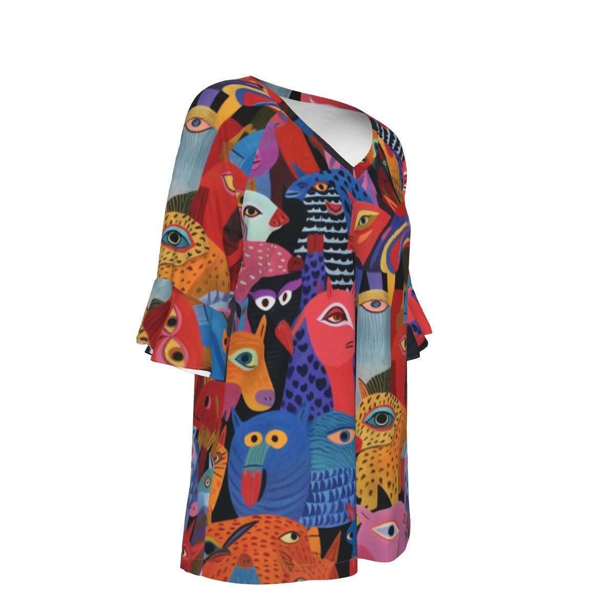 All-Over Print V-neck Women's T-shirt With Bell Sleeve