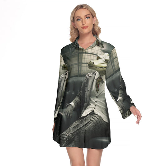 All-Over Print Women's Lapel Shirt Dress With Long Sleeve