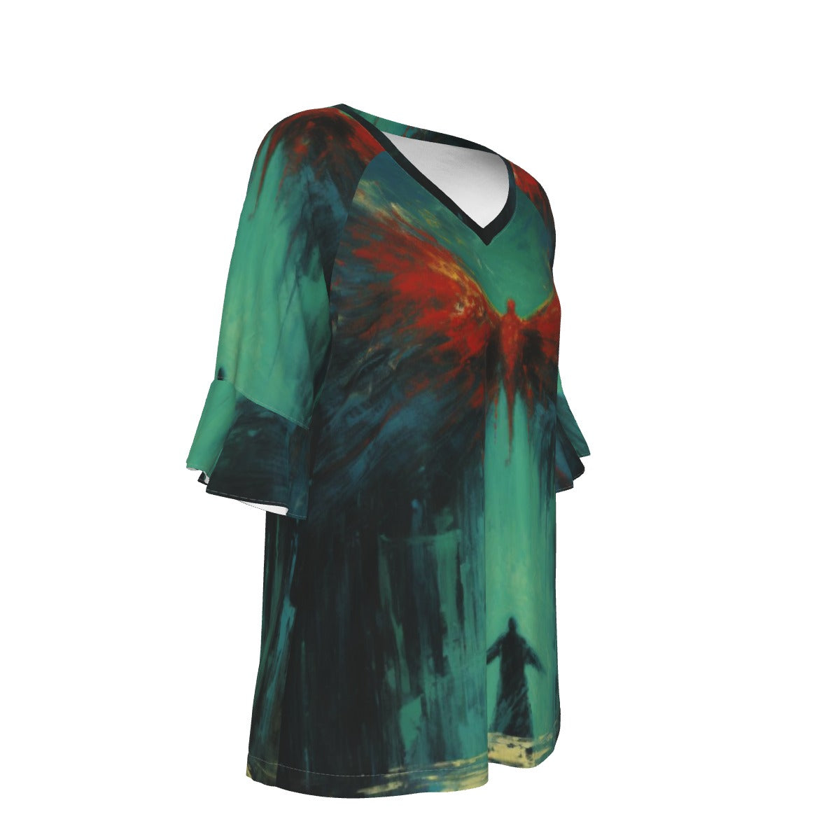 All-Over Print V-neck Women's T-shirt With Bell Sleeve