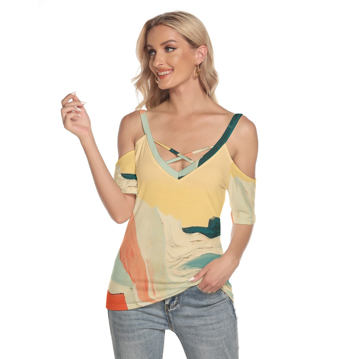 All-Over Print Women's Cold Shoulder T-shirt With Criss Cross Strips