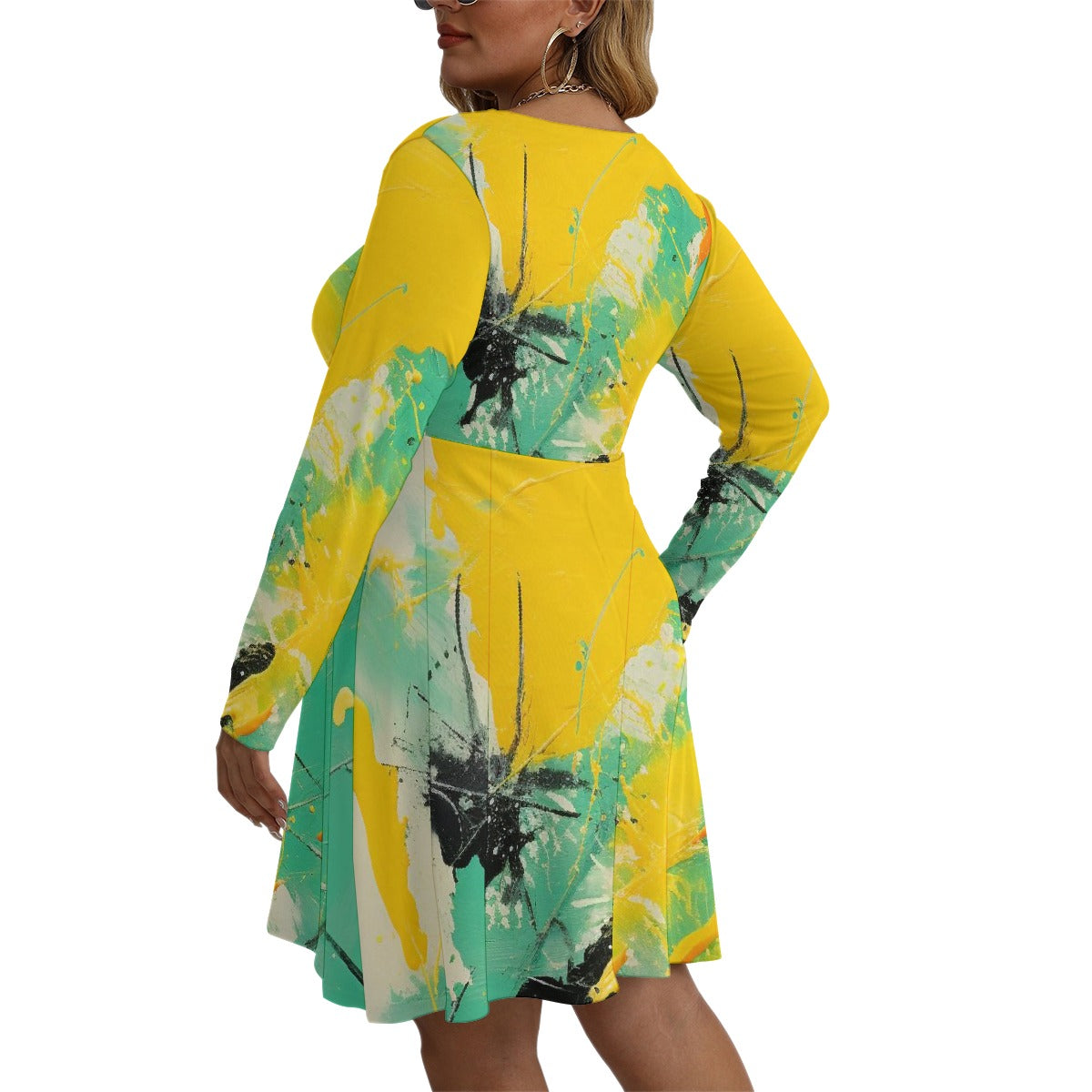 All-Over Print Women's V-neck Long Sleeve Dress(Plus Size)