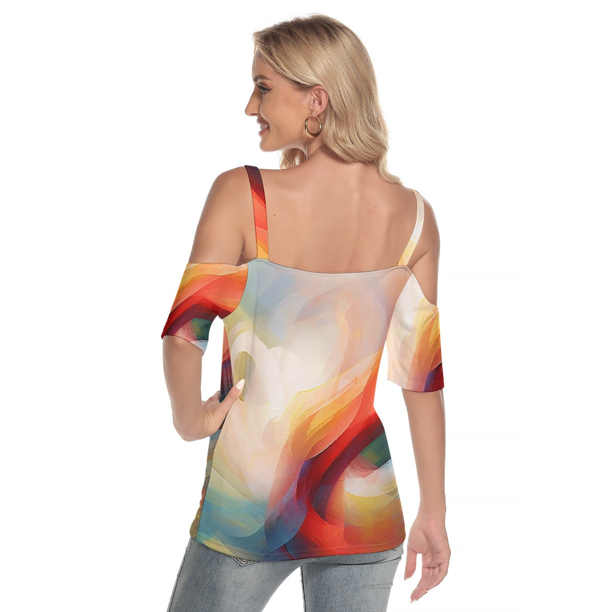 All-Over Print Women's Cold Shoulder T-shirt With Criss Cross Strips