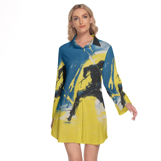 All-Over Print Women's Lapel Shirt Dress With Long Sleeve