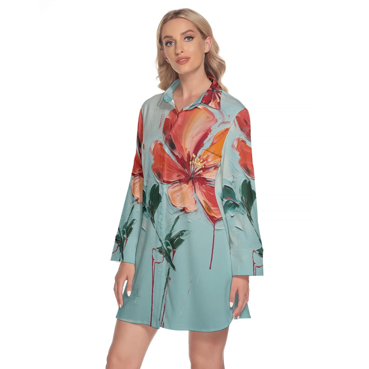 All-Over Print Women's Lapel Shirt Dress With Long Sleeve