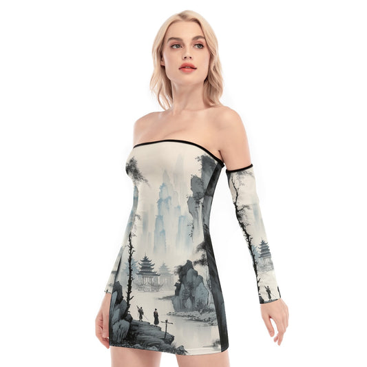 All-Over Print Women's Off-shoulder Back Lace-up Dress