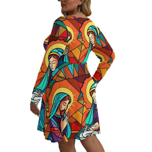 All-Over Print Women's V-neck Long Sleeve Dress(Plus Size)