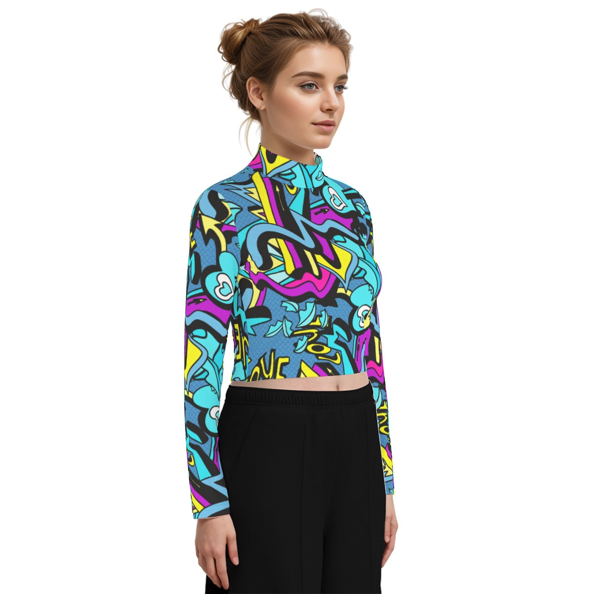 Eco-Friendly All-Over Print Women's Turtleneck T-shirt With Long Sleeve