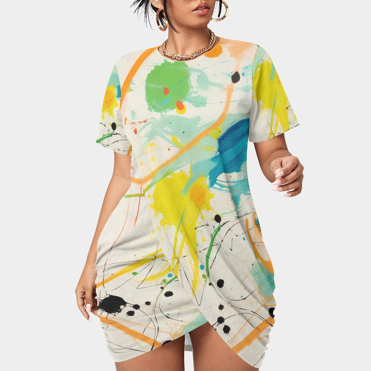 All-Over Print Women’s Stacked Hem Dress With Short Sleeve（Plus Size）