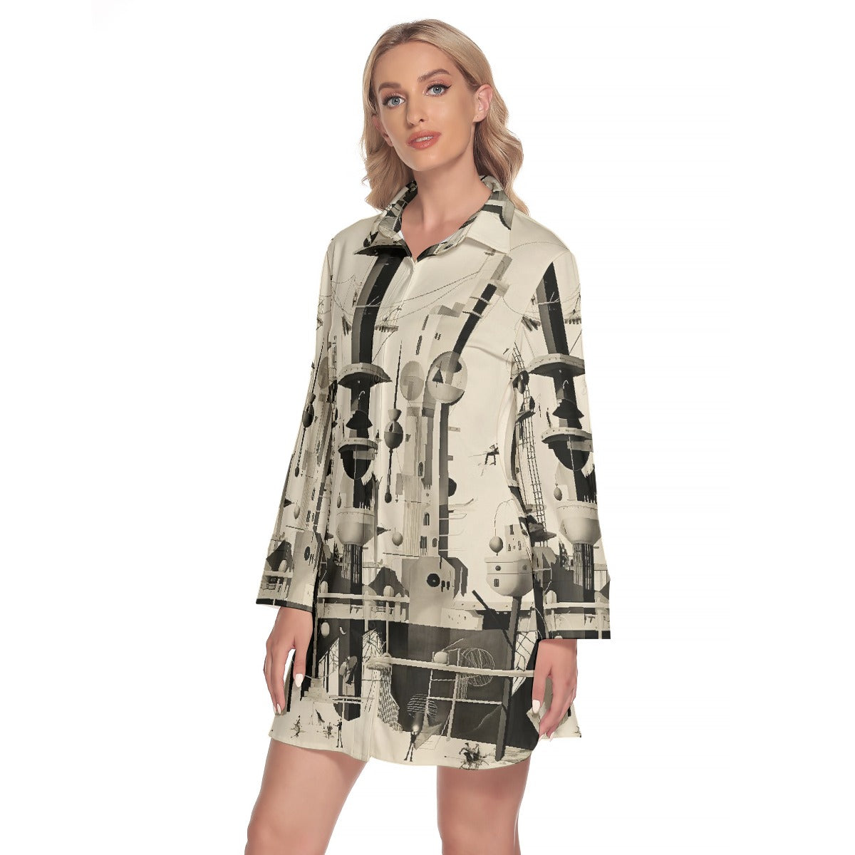 All-Over Print Women's Lapel Shirt Dress With Long Sleeve