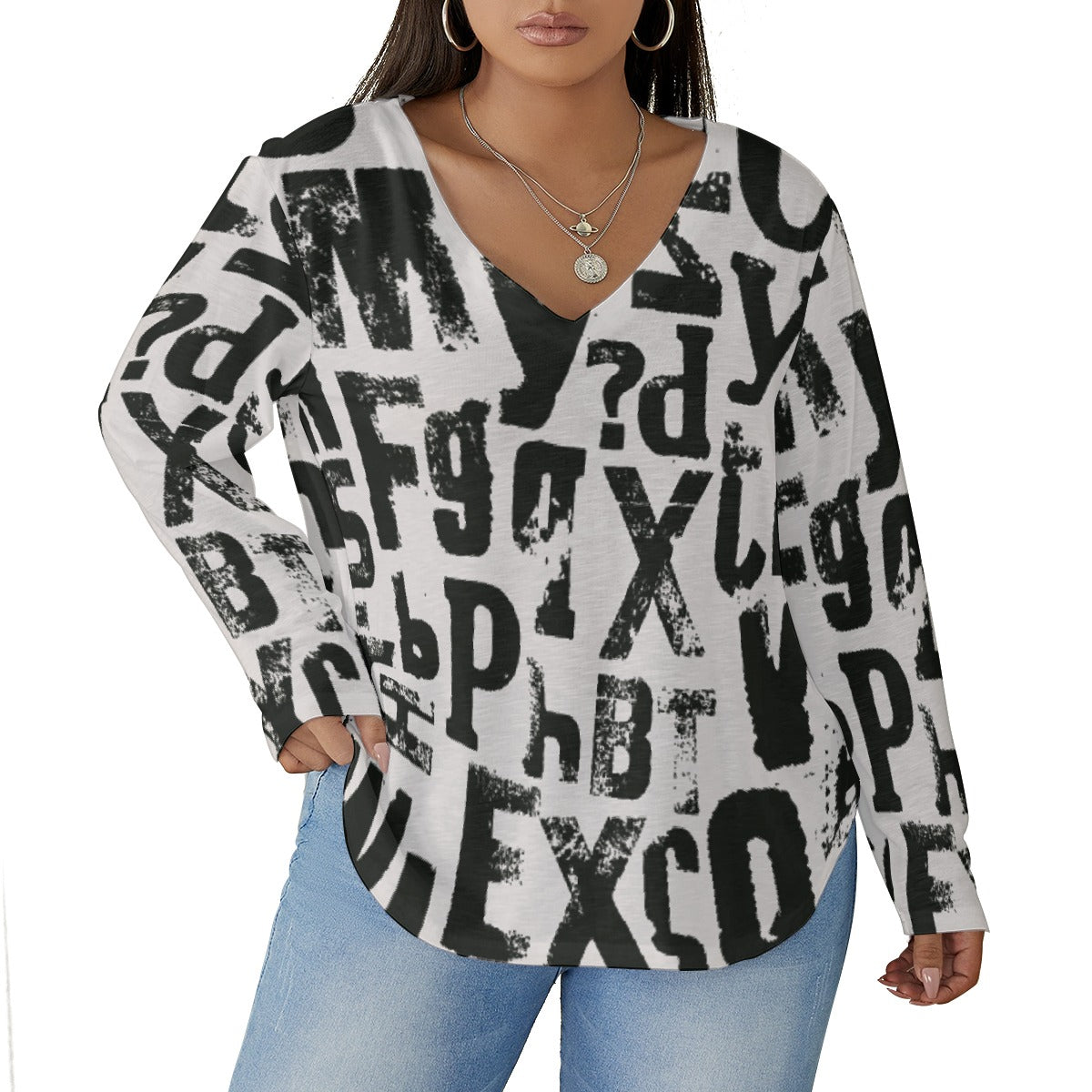 All-Over Print Women's V-neck T-shirt With Curved Hem(Plus Size)