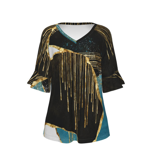 All-Over Print V-neck Women's T-shirt With Bell Sleeve