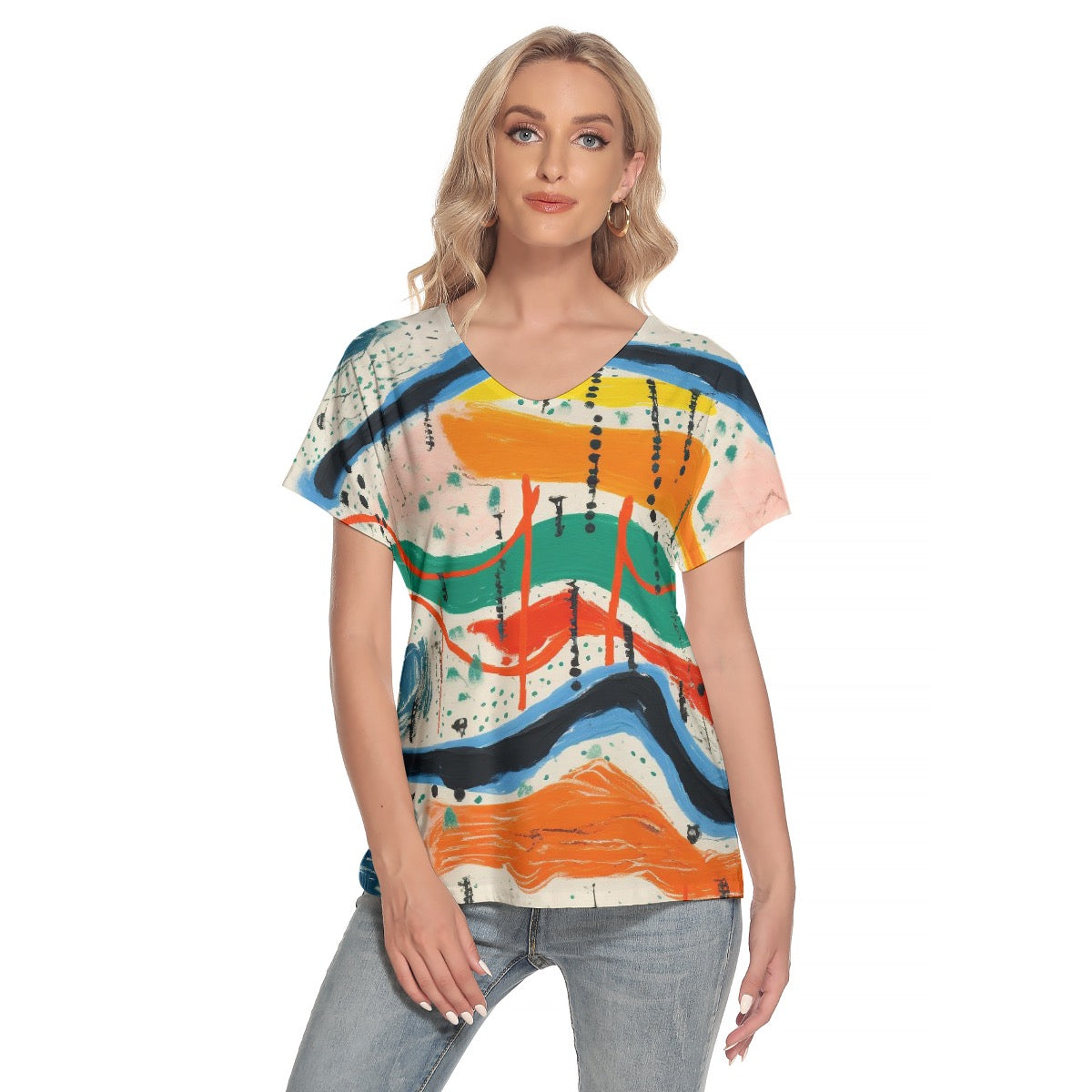 All-Over Print Women's Loose V-neck Short Sleeve T-shirt