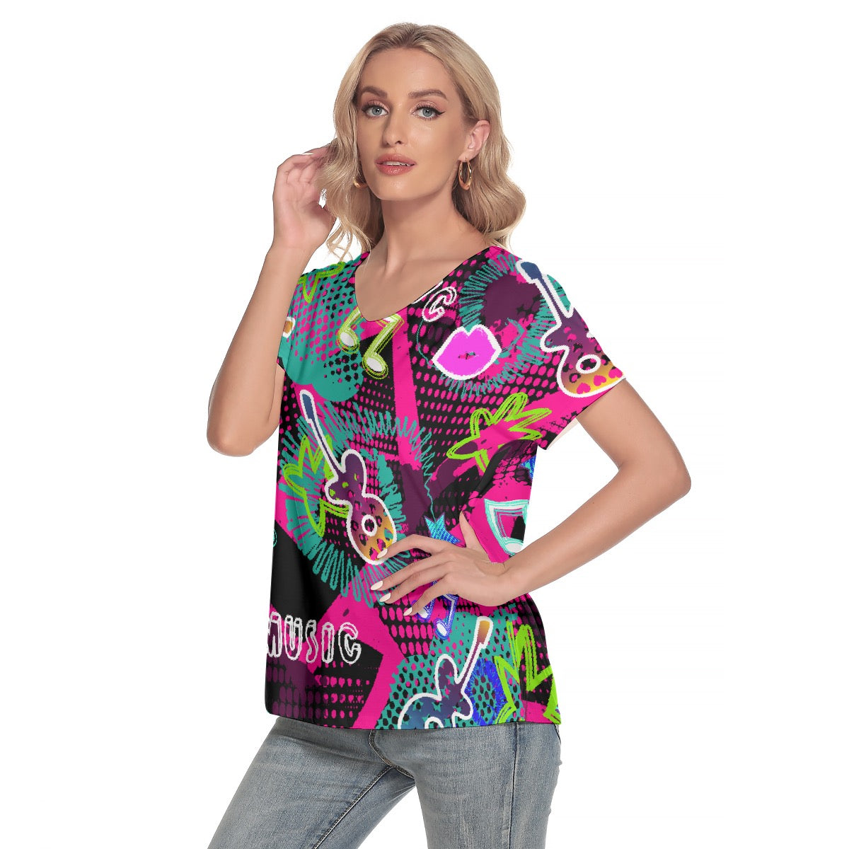 All-Over Print Women's Loose V-neck Short Sleeve T-shirt