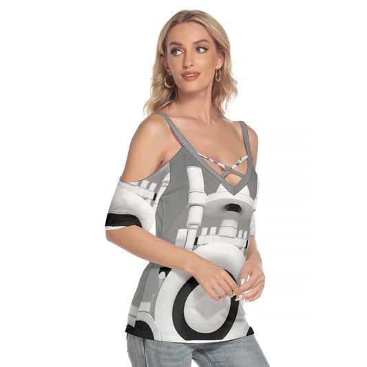 All-Over Print Women's Cold Shoulder T-shirt With Criss Cross Strips