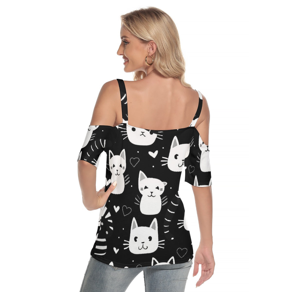 All-Over Print Women's Cold Shoulder T-shirt With Criss Cross Strips