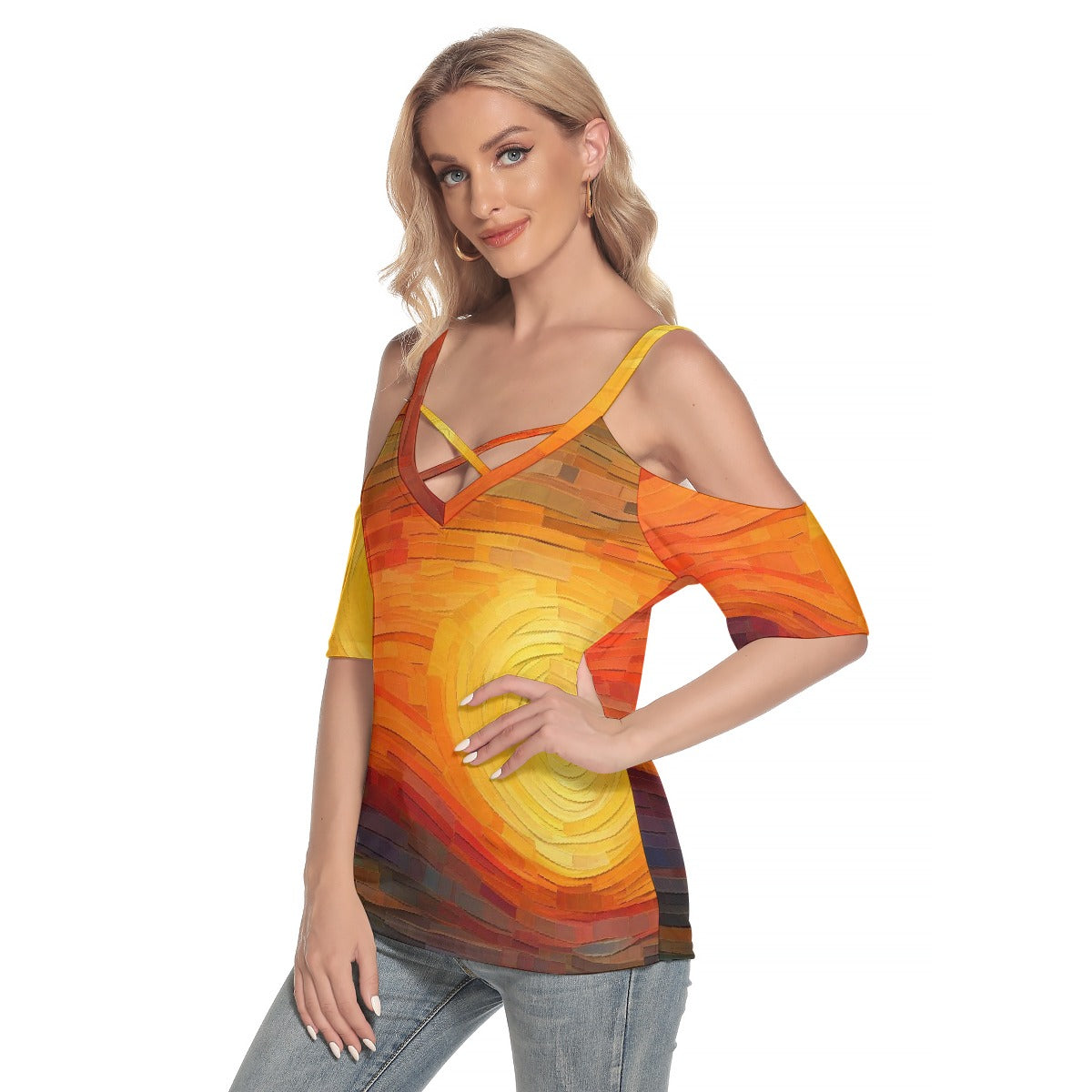 All-Over Print Women's Cold Shoulder T-shirt With Criss Cross Strips