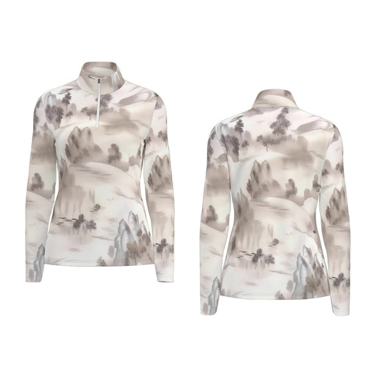 All-Over Print Women's Sports Collar Jersey With Long Sleeve