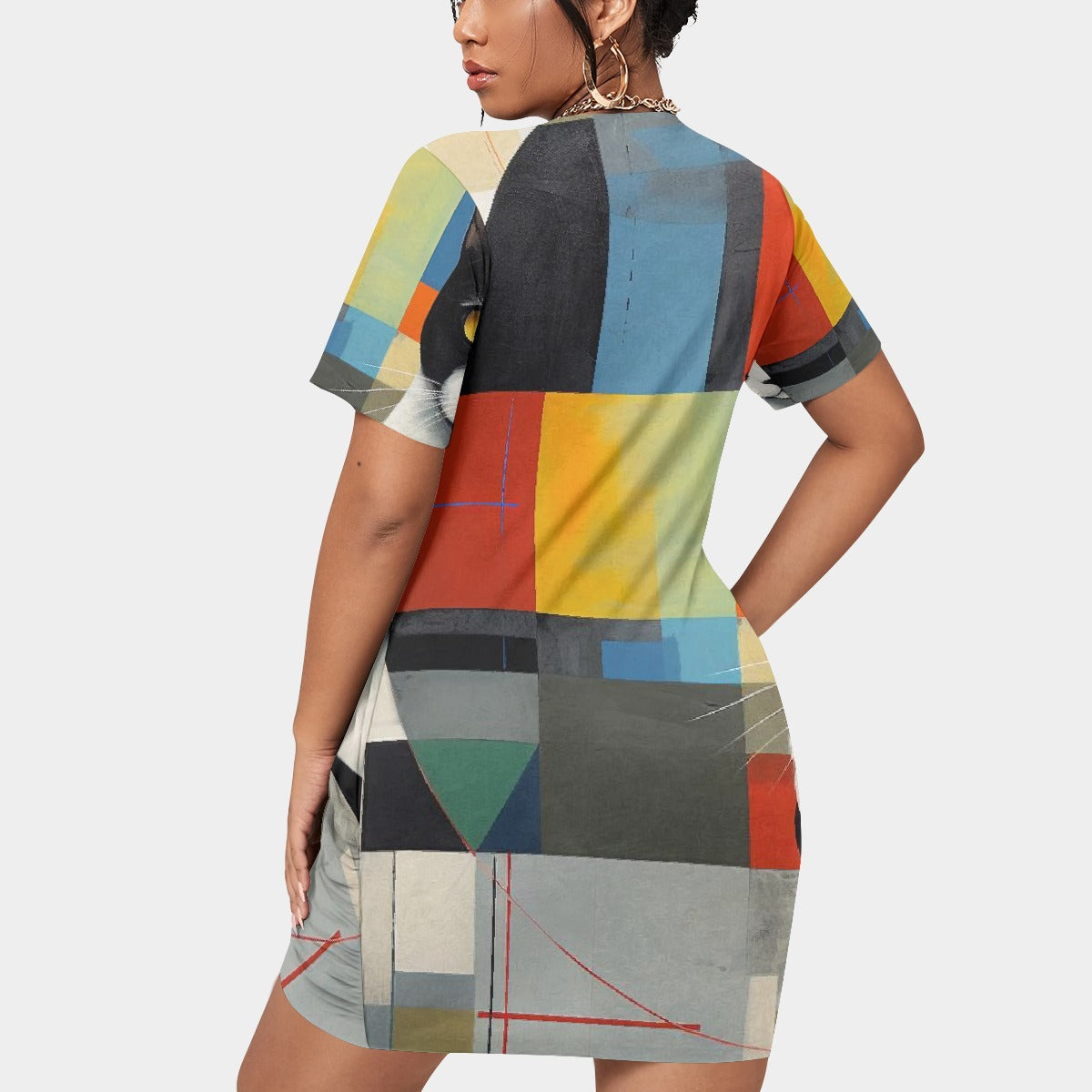 All-Over Print Women’s Stacked Hem Dress With Short Sleeve（Plus Size）