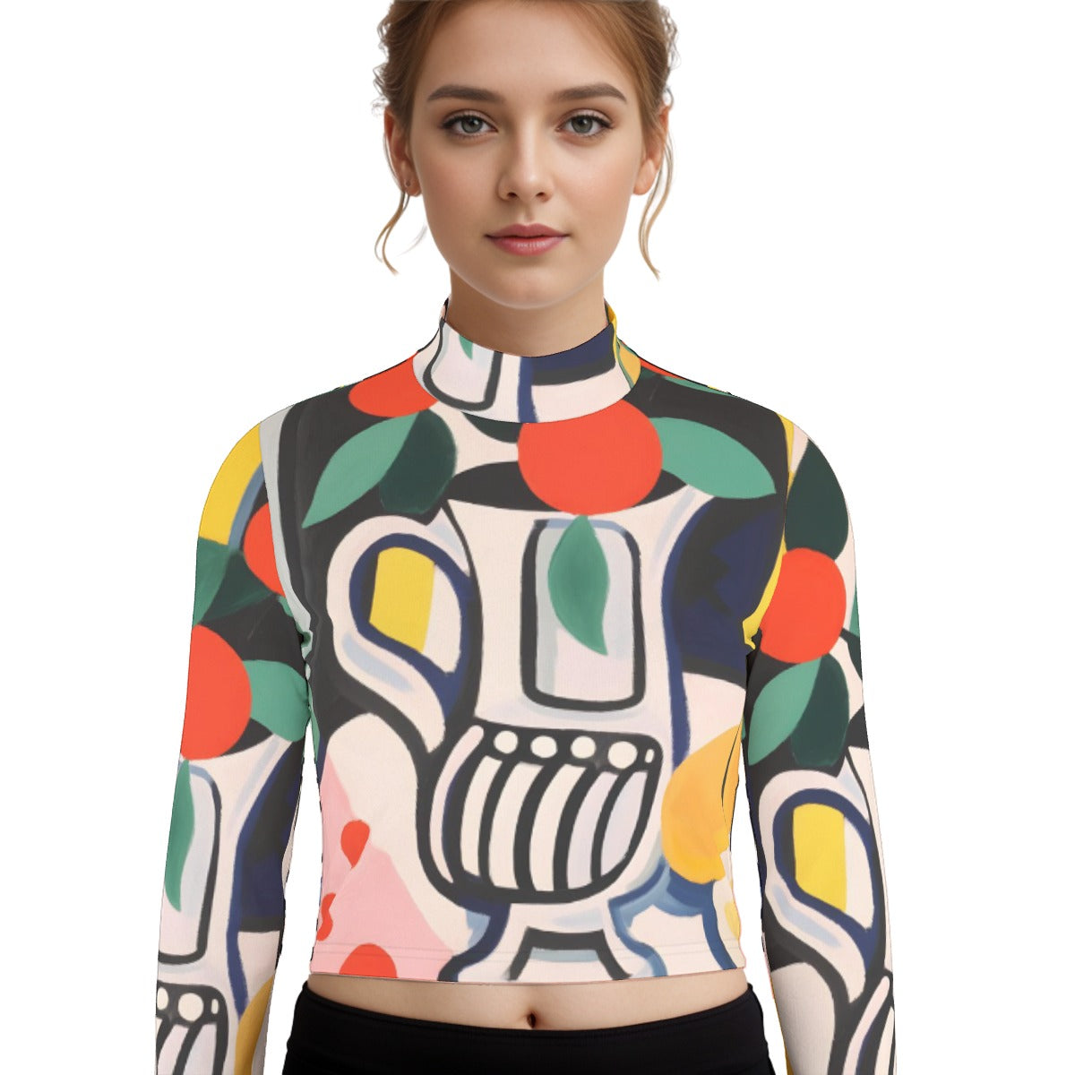 Eco-Friendly All-Over Print Women's Turtleneck T-shirt With Long Sleeve