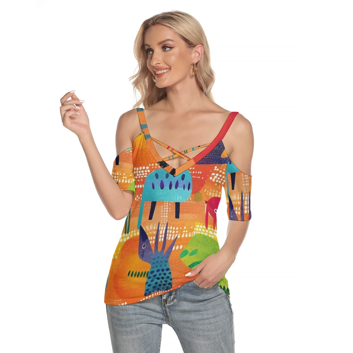 All-Over Print Women's Cold Shoulder T-shirt With Criss Cross Strips