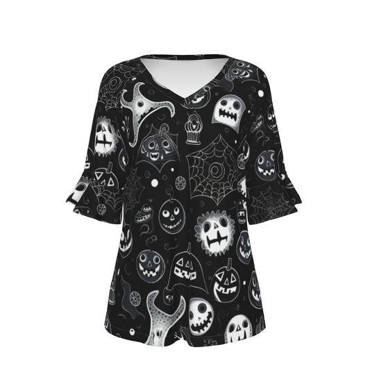 All-Over Print V-neck Women's T-shirt With Bell Sleeve