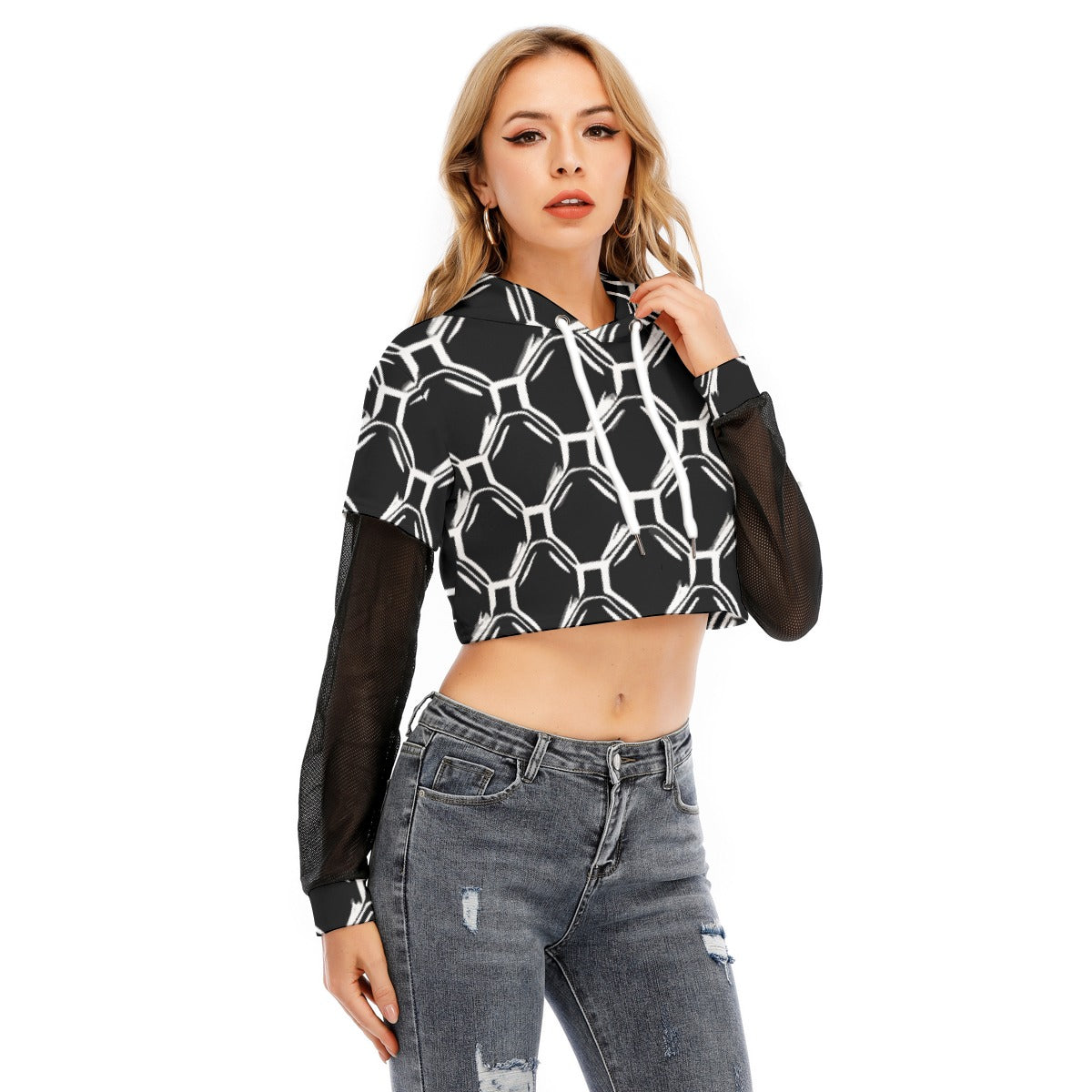 All-Over Print Women's Fake Two-piece Mesh Sleeve Cropped Hoodie