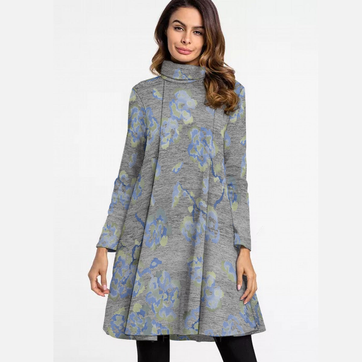 All-Over Print Women's High Neck Dress With Long Sleeve