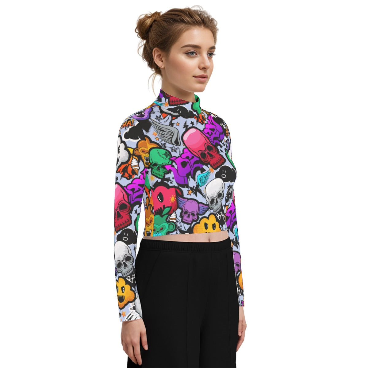 Eco-Friendly All-Over Print Women's Turtleneck T-shirt With Long Sleeve